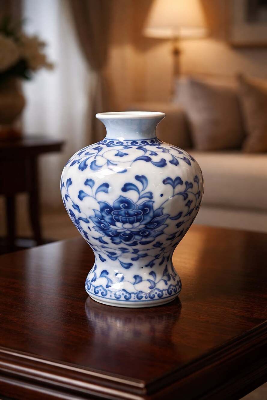 Chinese Blue and White Porcelain Floral Bud Vase with Scroll Design